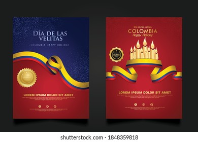 Set Colombia Day background template. with Realistic colombian ribbon flag and candles for Colombia republic national traditional holiday.