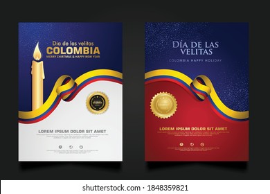 Set Colombia Day background template. with Realistic colombian ribbon flag and candles for Colombia republic national traditional holiday.