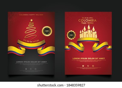 Set Colombia Day background template. with Realistic colombian ribbon flag and candles for Colombia republic national traditional holiday.