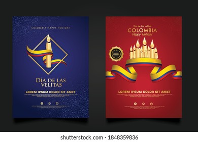 Set Colombia Day background template. with Realistic colombian ribbon flag and candles for Colombia republic national traditional holiday.