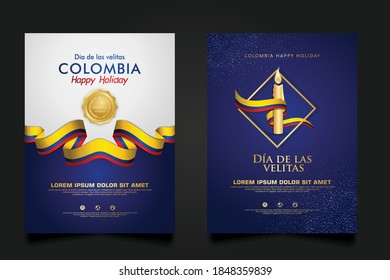 Set Colombia Day background template. with Realistic colombian ribbon flag and candles for Colombia republic national traditional holiday.