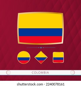 Set of Colombia flags with gold frame for use at sporting events on a burgundy abstract background. Vector collection of flags.