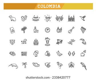 Conjunto de iconos de colombia. Icono de estilo de arte de línea