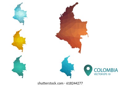 Set of Colombia maps. Bright gradient map of country in low poly style. Multicolored country map in geometric style for your infographics. Vector illustration eps 10.