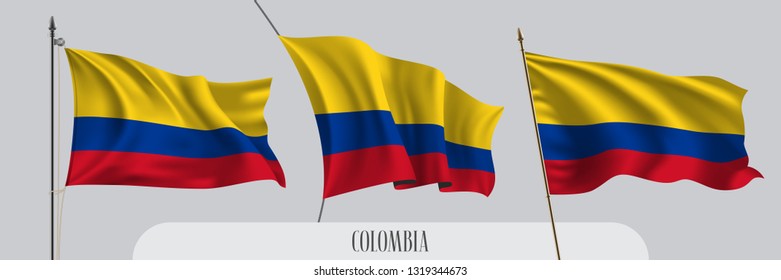 Set of Colombia waving flag on isolated background vector illustration. 3 yellow blue Colombian wavy realistic flag as a patriotic symbol 