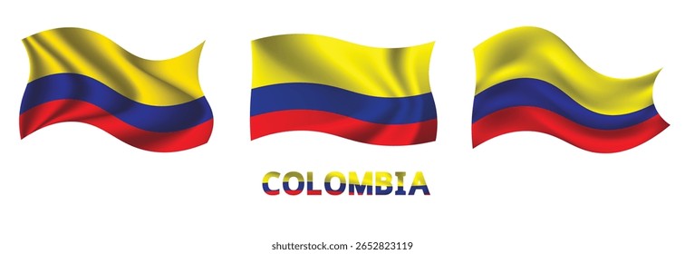 Set of Colombia waving flag on isolated background vector illustration. 3 Colombian wavy realistic flag as a symbol of patriotism