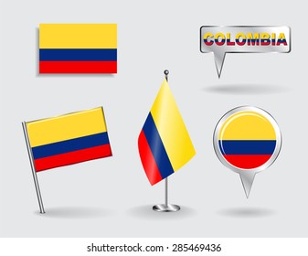 Set of Colombian pin, icon and map pointer flags. Vector illustration.
