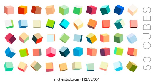 Set of color 3D cubes pack isolated on white background. Different light, perspective and angle. Vector illustration. Isolated on white background.