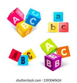Set of color ABC blocks flat icon. Alphabet cubes with A,B,C letters in flat design. Vector illustration. Isolated on white background.