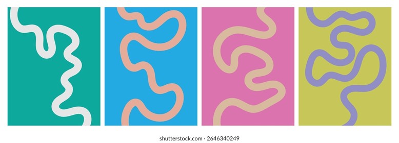 Set of color abstract banner with curvy line and motivational phrase. Background with scribble squiggle. Wave line art . Vector Illustration .