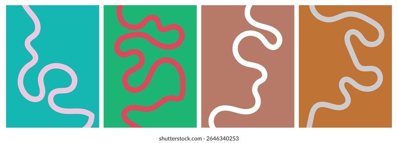 Set of color abstract banner with curvy line and motivational phrase. Background with scribble squiggle. Wave line art . Vector Illustration .