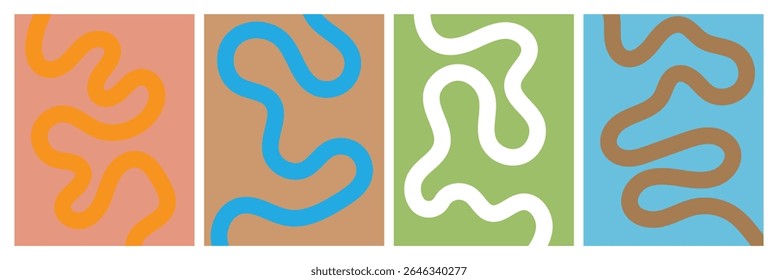 Set of color abstract banner with curvy line and motivational phrase. Background with scribble squiggle. Wave line art . Vector Illustration .