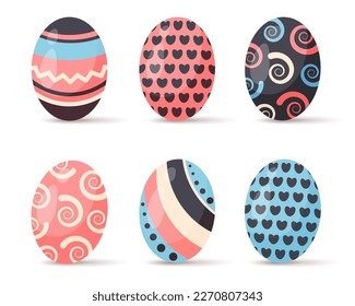 Set of color abstract Easter eggs isolated on white background. Holiday seasonal symbol with color ornaments. Festive dyed egg decorated. Vector flat illustration for religious holiday, card
