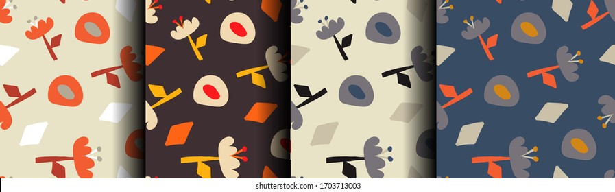 Set of color abstract seamless patterns with flowers. YGray, blue, beige, orange, brown. Trendy ornament, surface design for surface s, wallpaper. Stylish vector background.