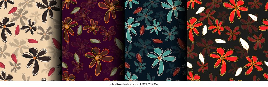 Set of color abstract seamless patterns with flowers. Brown, Beige, Turquoise, Orange, Dark, Juicy. Trendy ornament, surface design for surface s, wallpaper. Stylish vector background.