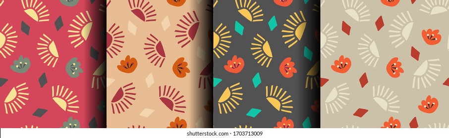 Set of color abstract seamless patterns with flowers. Beige, Orange, Red, Gray, Pastel. Trendy ornament, surface design for surface s, wallpaper. Stylish vector background.