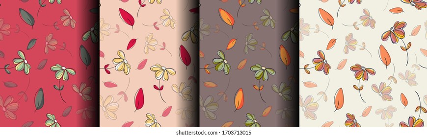 Set of color abstract seamless patterns with flowers. Beige, Orange, Red, Gray, Pastel. Trendy ornament, surface design for surface s, wallpaper. Stylish vector background.