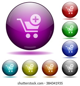 Set of color Add to cart glass sphere buttons with shadows.