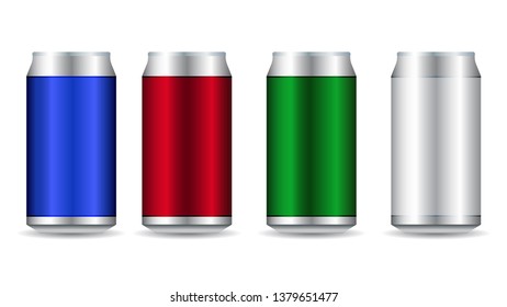 Set of color aluminum 500 ml beer can (red, green, blue) isolated on white background. Red beer can, green beer can and blue beer can with clipping path