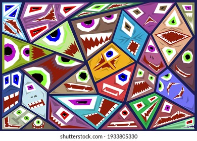 A set of color angular images of monsters on a dark background, an illustration for wallpaper on the wall and other purposes. Vector illustration.