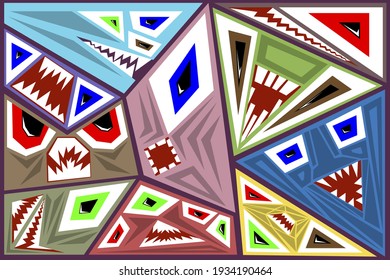 A set of color angular images of monsters on a dark background, an illustration for wallpaper on the wall and other purposes. Vector illustration.