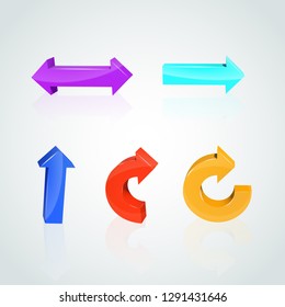 Set of color arrows. 3D icon. Vector illustration. The reflection from the surface.