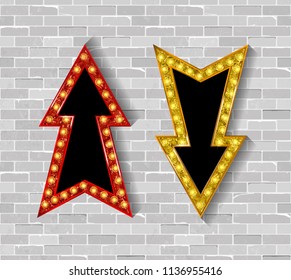 Set of color arrows with bulb lamps against a brick wall. Vector illustration