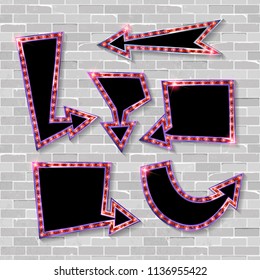 Set of color arrows with bulb lamps against a brick wall. Vector illustration