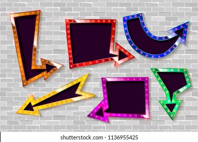 Set of color arrows with bulb lamps against a brick wall. Vector illustration