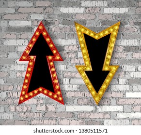 Set of color arrows with bulb lamps against a brick wall. Vector illustration