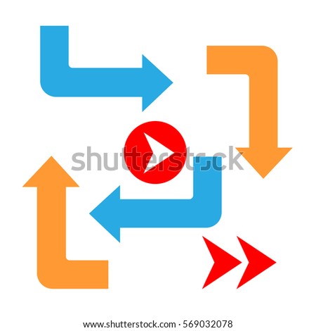 Set color Arrows and directions signs in flat style for business. Vector isolated  blue and orange arrows on white background. right turn, left turn, angle, Forward, backward.