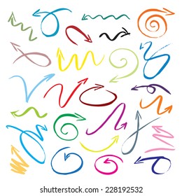 A set of color arrows drawn with a brush. Useful graphic elements for presentations. Isolated Vector Graphics.