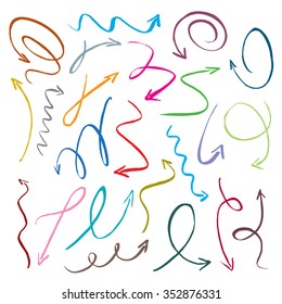 A set of color arrows drawn with a brush. Useful graphic elements for presentations. Isolated Vector Graphics.