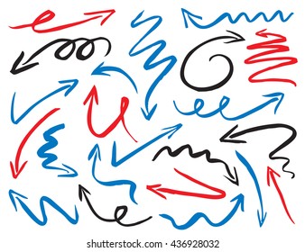 A set of color arrows drawn with a brush. Useful graphic elements for presentations. Isolated Vector Graphics.