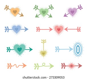 set of color arrows and hearts. vector. isolated on white