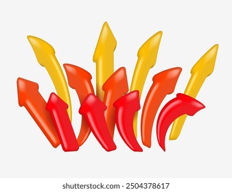 Set of color arrows signs of various shapes. 3D arrows of different directions. Vector illustration