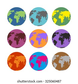 Set of color atlases. Multicolored map of Earth. World continents on ocean.