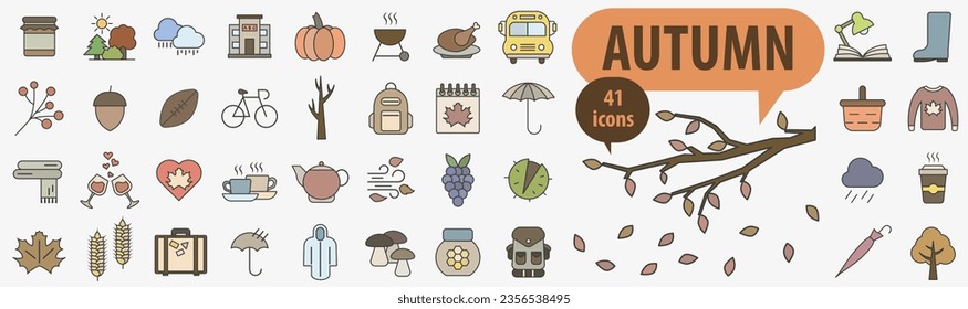 Set of color autumn icons with outline. Autumn bright icons. Autumn time. Set of autumn icons. Vector illustration. EPS 10.