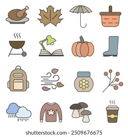 Set of color autumn icons with outline. Autumn bright icons. Autumn time. Set of autumn icons.  EPS 10.
