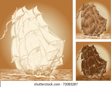 set of color backgrounds with old ship