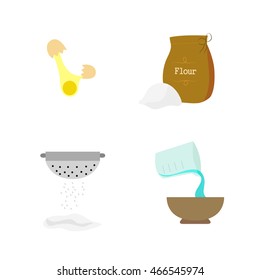 Set of color baking tool and ingredients. Vector illustration of various baking items isolated on white background. Broken Egg, sift the flour through a sieve, measuring cup, flour bag. 