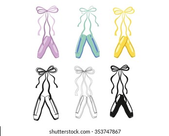 Set of color Ballet shoes, Vector illustration of ballet pointes set.  Ballet shoes vector set. Ballet shoes isolated on white background.