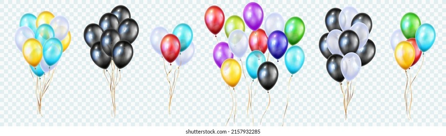 Set of color balloons bunches isolated icons. Vector bundles of cartoon balloons in shape of stars, circles and hearts. Party decorations, helium balls birthday, anniversary wedding decor.