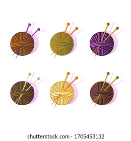 Set from color balls of yarn with needles isolated on White background. Vector illustration