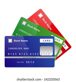 Set of color bank credit cards folded like a fan isolated on white background