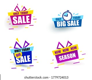 Set color Banner Big Sale! Bright gift box says sale only today. Promotion background Offer. Blue sale tag. Vector banner in modern flat style on white.