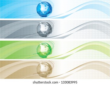 Set of color banners with binary code and globe. Vector  abstract color backgrounds with binary code  and globe for internet banners