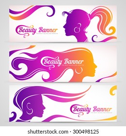 Set of color banners with stylized girls. Creative feminine banners.