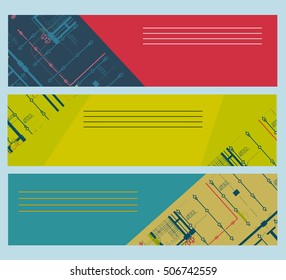 Set of color banners with technical drawings