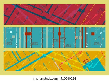 Set of color banners with technical drawings